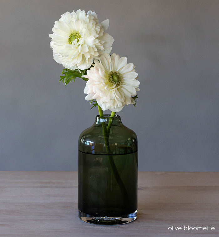 transparent olive hand-blown glass flower bud vase with white flowers on wood table and gray background