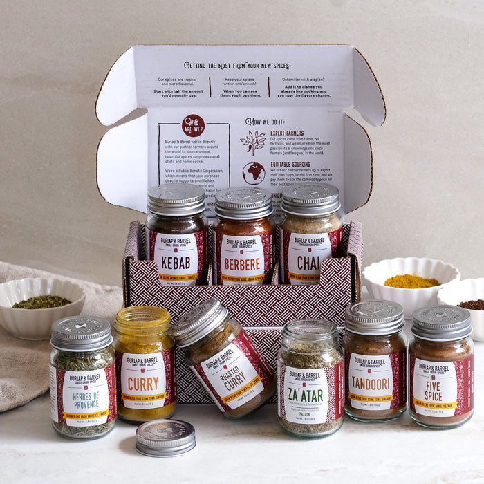 9 Spice Origin Blend Collection with Kebab, Berbere, Chai, Herbes de Provence, Curry, Roasted Curry, Za'atar, Tandoori, Five Spice from Burlap & Barrel