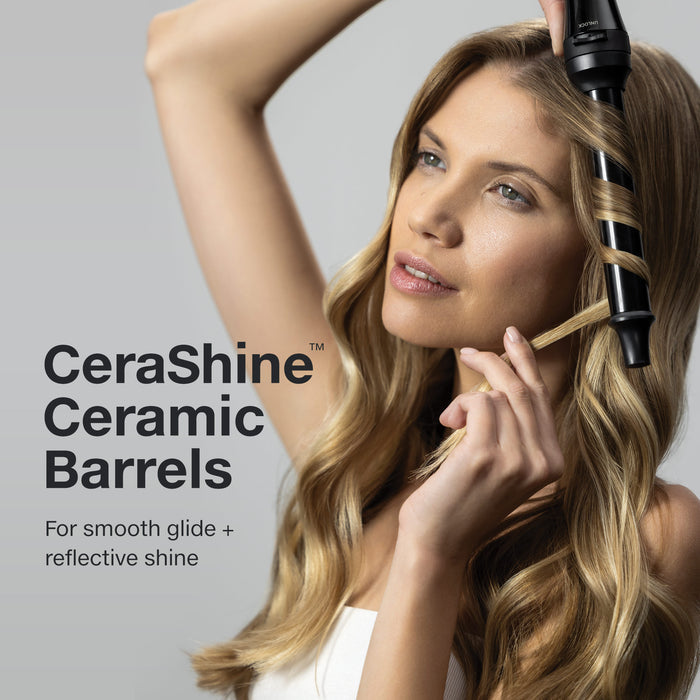 The Paul Mitchell Unclipped 3-in-1 Interchangeable Curling Wand features CeraShine ceramic barrels for smooth glide.