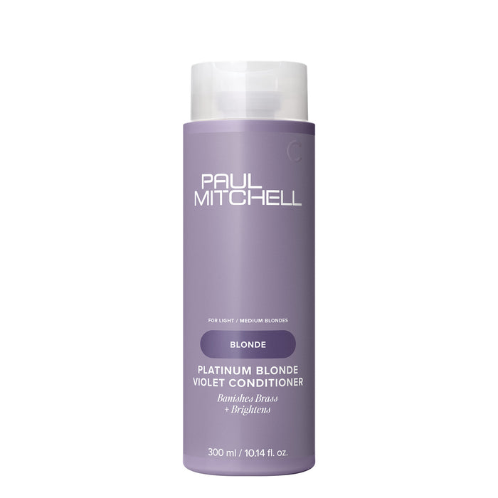 A bottle of Paul Mitchell Platinum Blonde Violet Conditioner on a white background