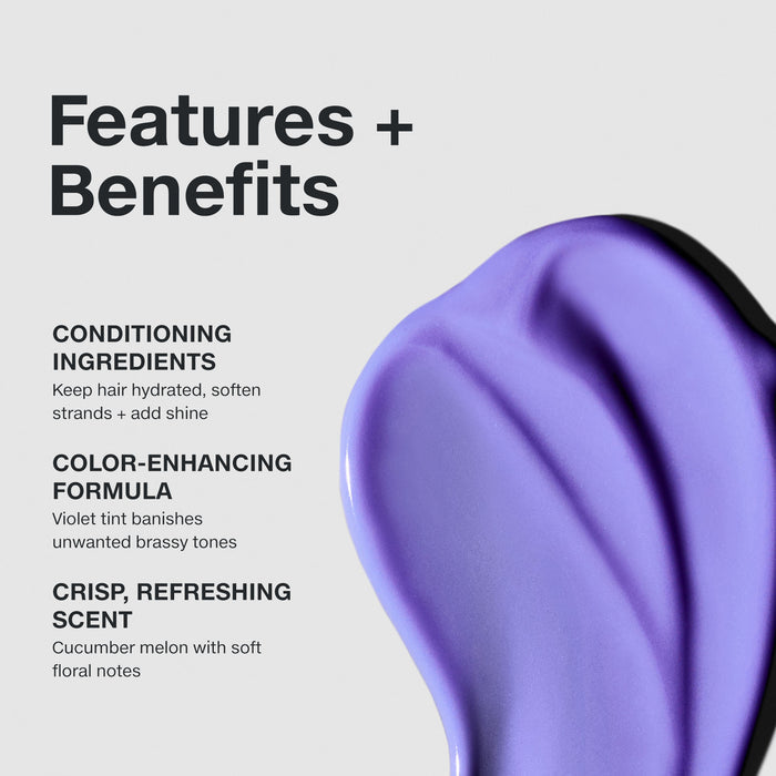 Features and benefits smear infographic for Paul Mitchell Platinum Blonde Conditioner
