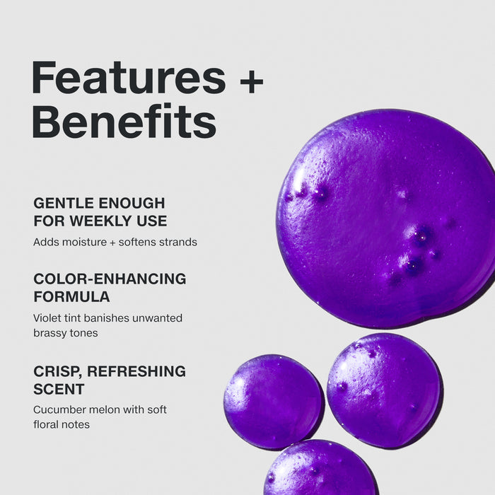 Features and benefits smear infographic for Paul Mitchell Platinum Blonde Violet Shampoo