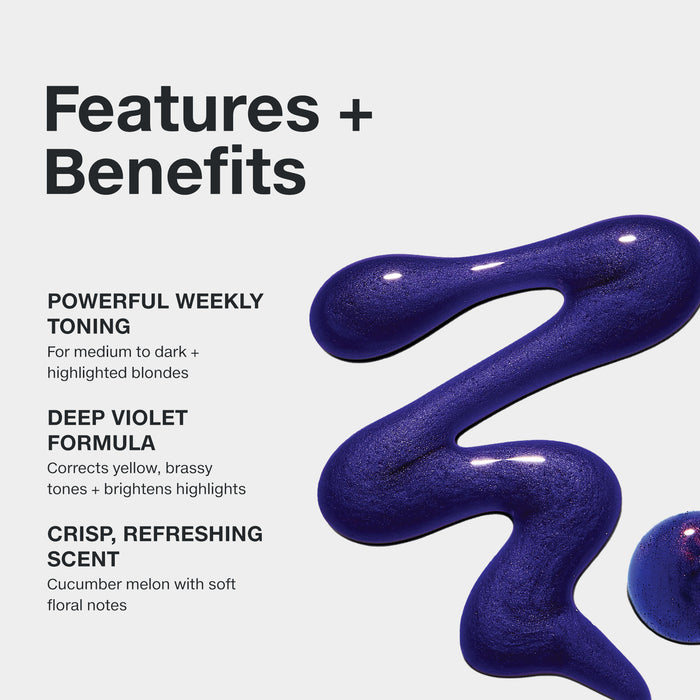 Features & benefits infographic with a smear image of the Platinum Plus Deep Violet Shampoo