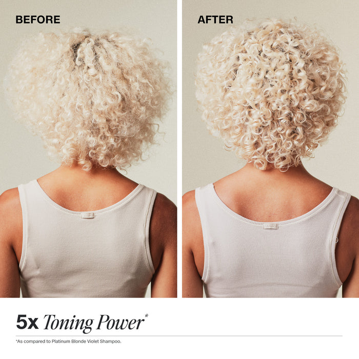 Before and after washing with Platinum Plus Deep Violet Shampoo for 5x more toning power than Platinum Blonde Violet Shampoo.