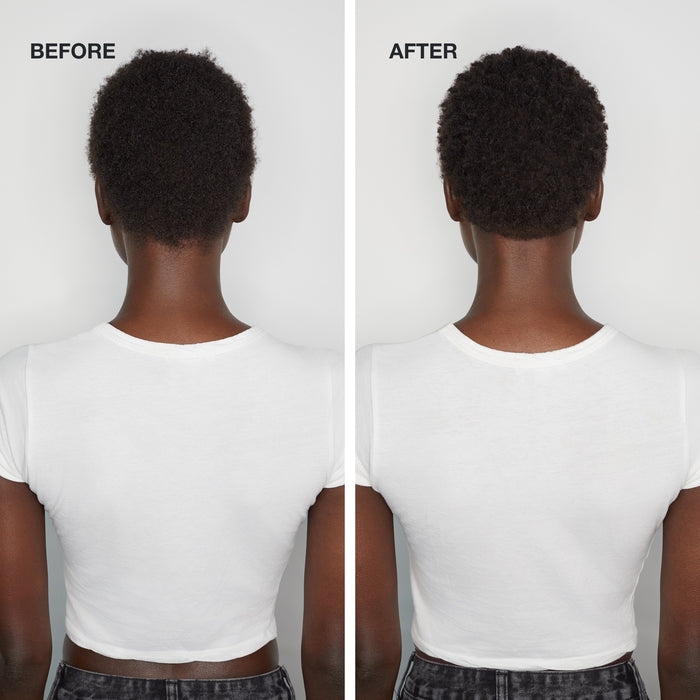 before/after image of a model with short, curly brunette hair