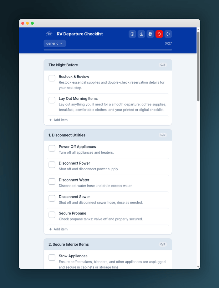 RV Departure Day Checklist App