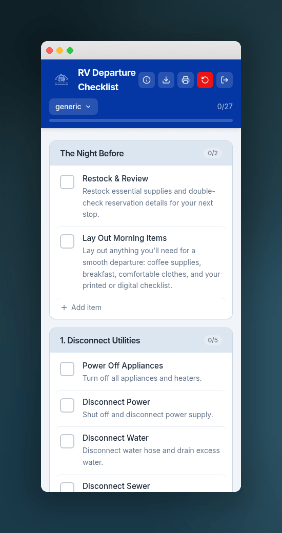 RV Departure Day Checklist App