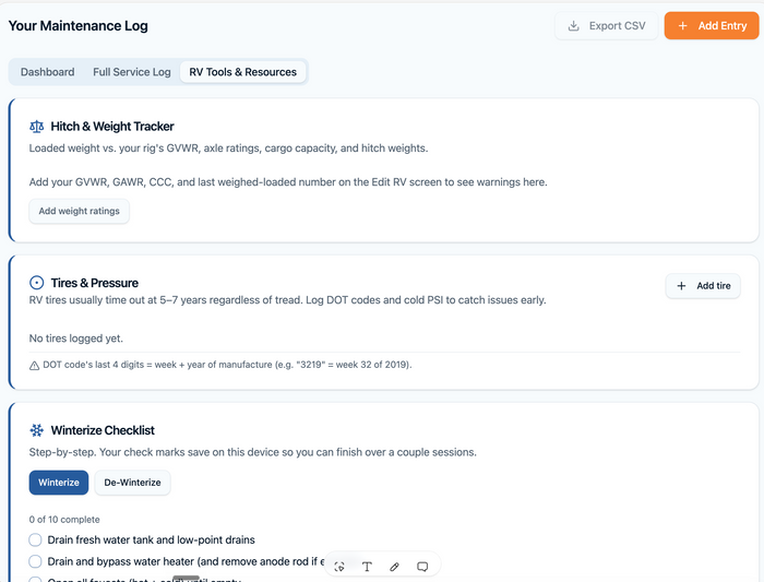 RV Maintenance Tracker app — One Purchase, Lifetime Peace of Mind