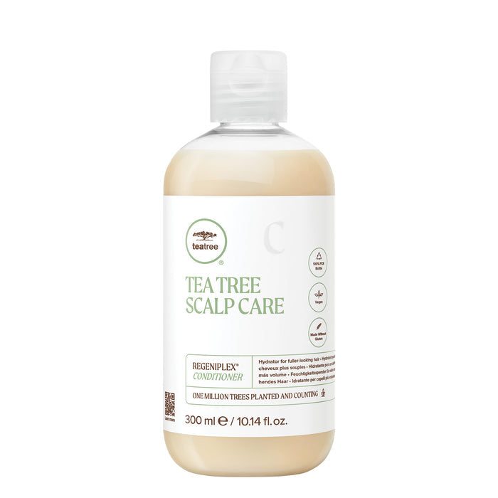 A bottle of Tea Tree Scalp Care Regeniplex Conditioner on a white background