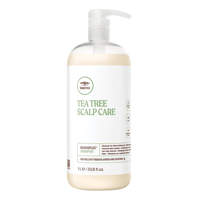 A bottle of Tea Tree Scalp Care Regeniplex Shampoo on a white background