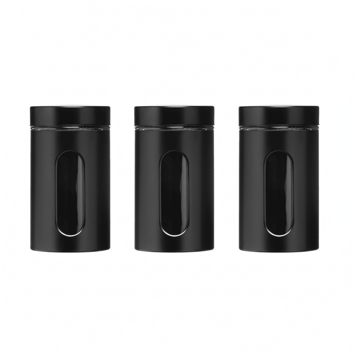 Set Of Three Clear And Black Storage Jars