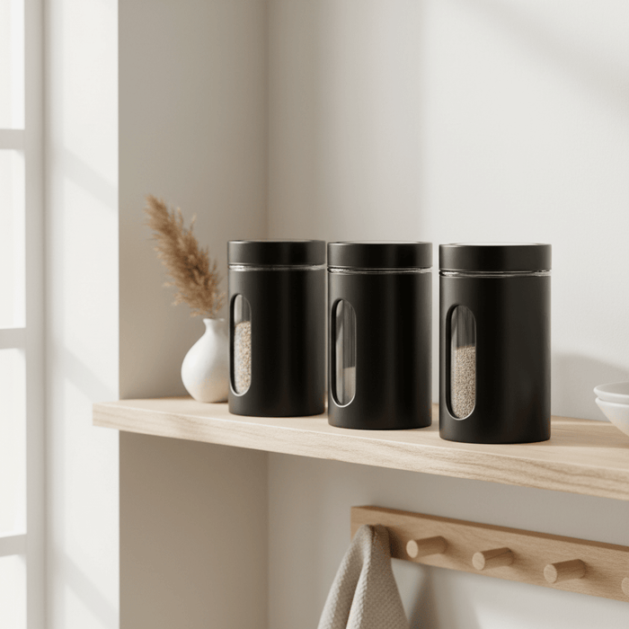 Set Of Three Clear And Black Storage Jars