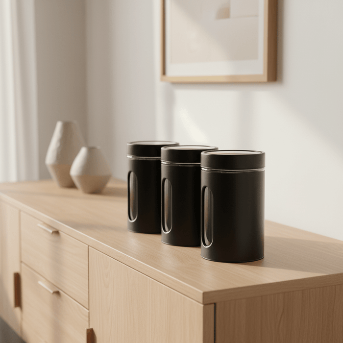Set Of Three Clear And Black Storage Jars