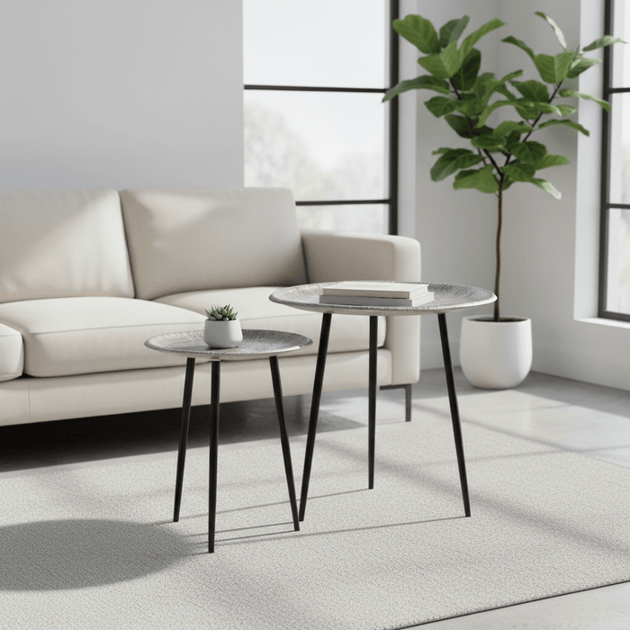 Silva Set Of Two Oak Effect Silver Top Side Tables
