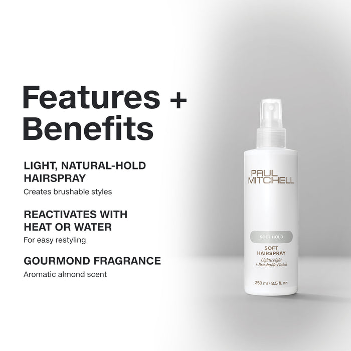 Paul Mitchell Soft Hairspray: light, natural-hold hairspray reactivates with heat or water; gourmand almond fragrance.