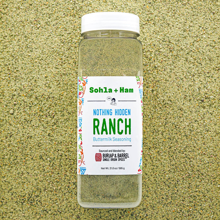Bottle of Sohla + Ham Nothing Hidden Ranch seasoning from Burlap & Barrel on a textured beige background