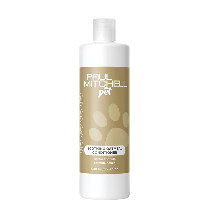 A bottle of Paul Mitchell Pet Soothing Oatmeal Conditioner designed for pets, featuring a white and beige label with paw prints.