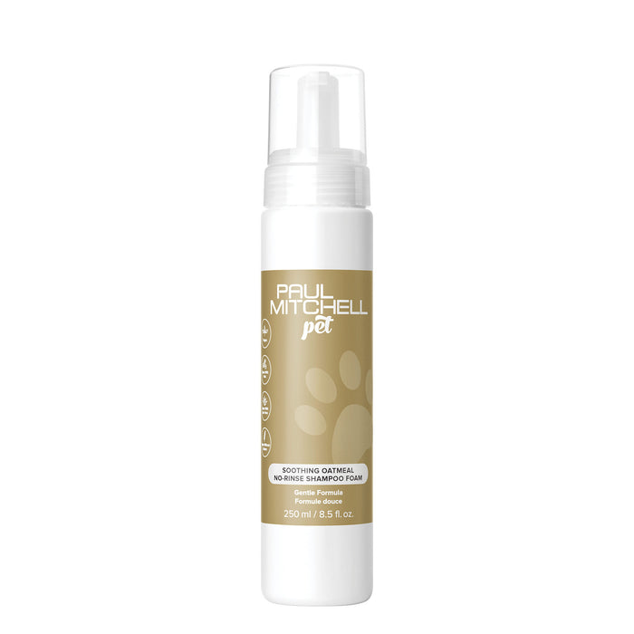 A pump bottle of Paul Mitchell Pet Soothing Oatmeal No-Rinse Shampoo Foam.