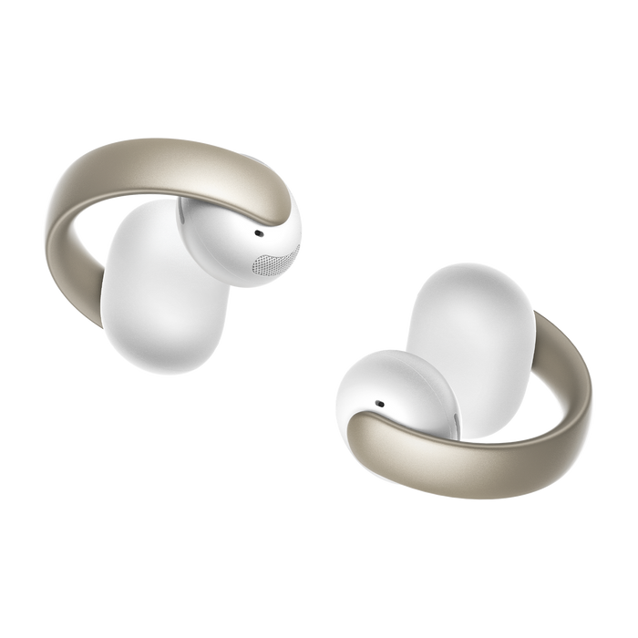 soundcore white open-ear clip-on earbuds with gold accent