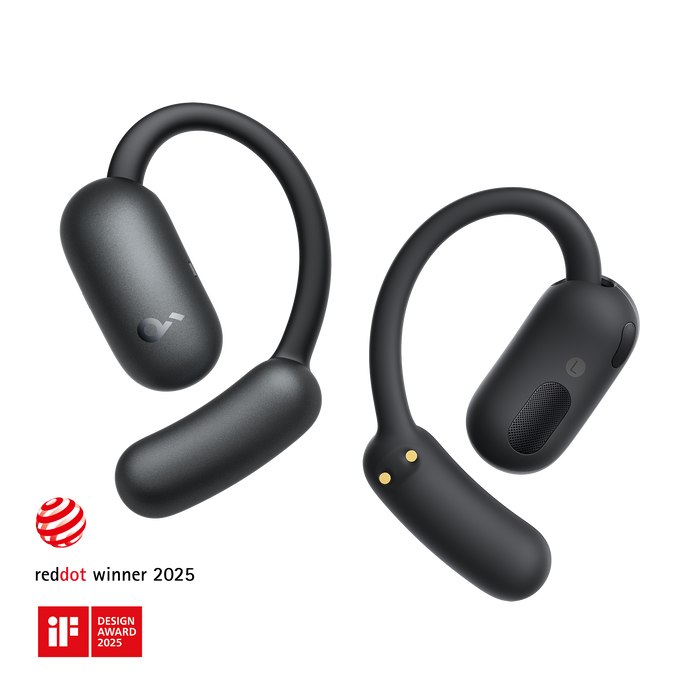 soundcore open-ear black earbuds with design awards