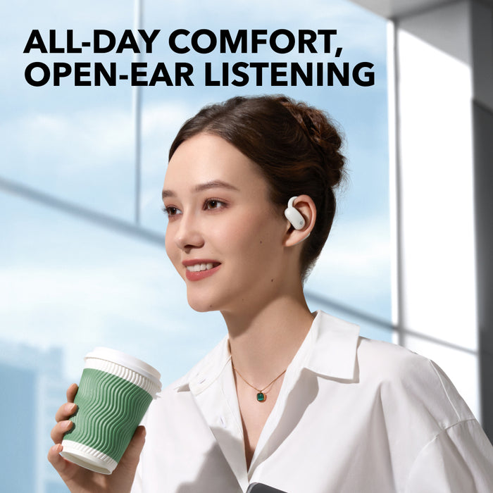 soundcore open-ear earbuds for all-day comfort and coffee