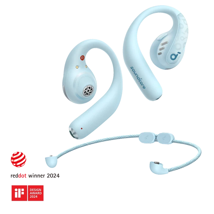 soundcore blue open-ear earbuds with awards and neckband