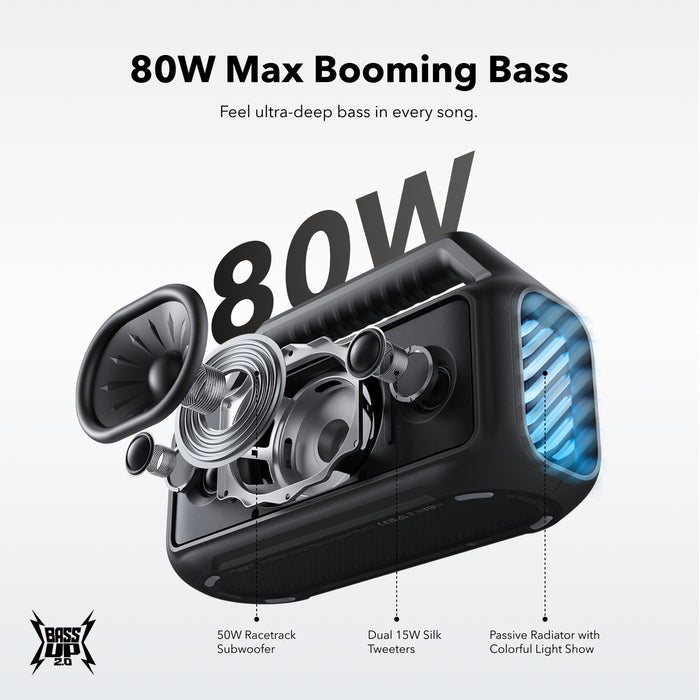 soundcore outdoor speaker with 80W booming bass and colorful light