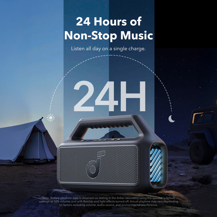 soundcore outdoor speaker with 24-hour non-stop music outdoors