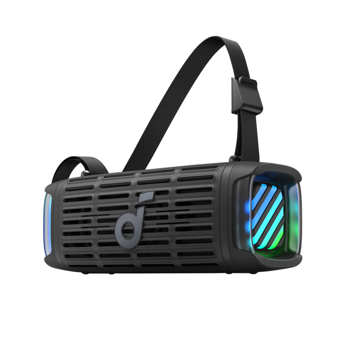 soundcore speaker with LED lights and shoulder strap