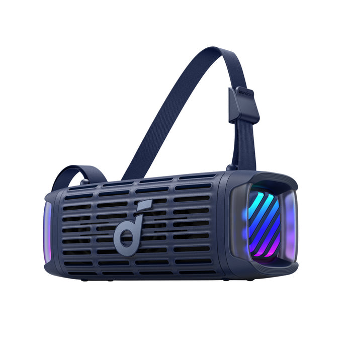 soundcore blue speaker with LED lights and shoulder strap