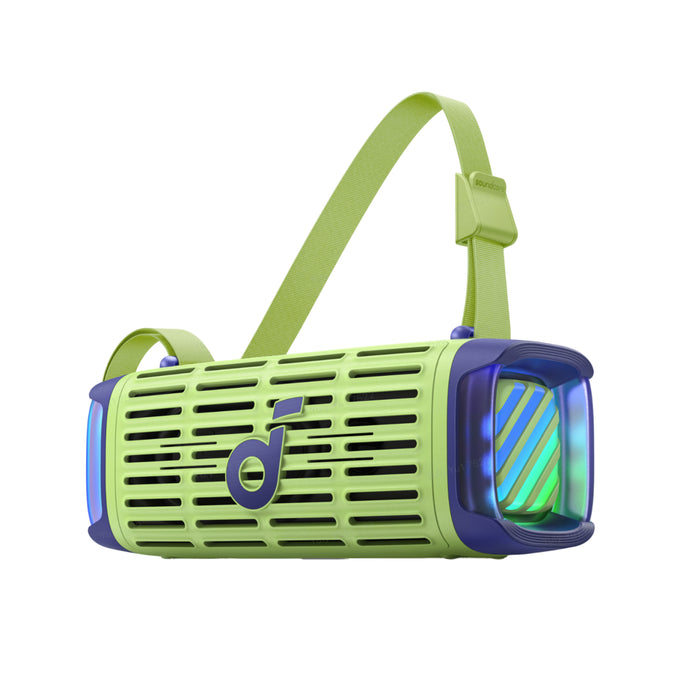 soundcore portable speaker with colorful lights and strap