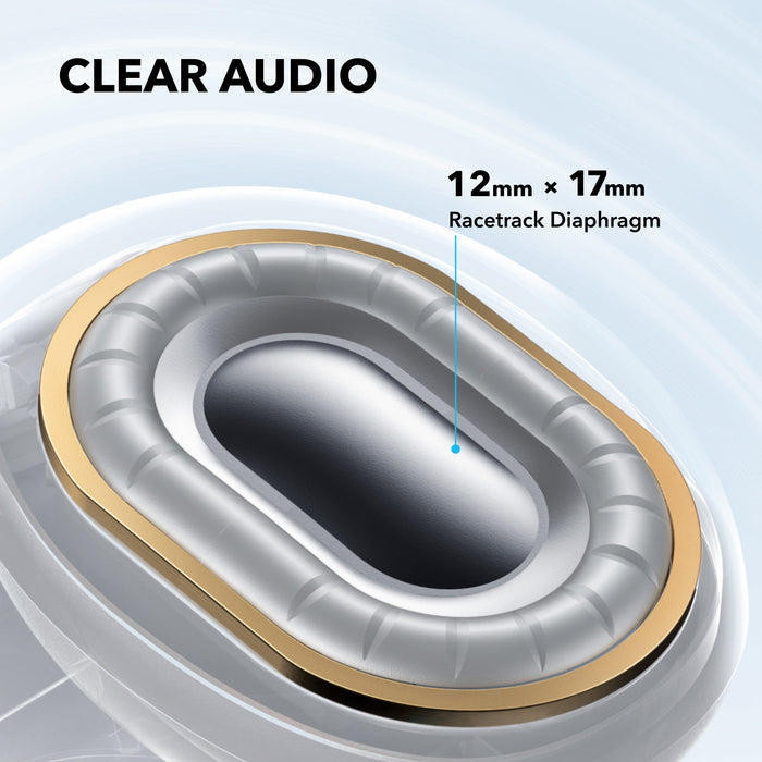 soundcore earbuds with clear audio and racetrack diaphragm