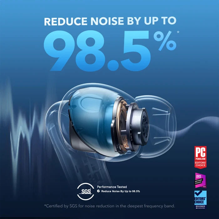 soundcore earbud with SGS certified 98.5% noise reduction