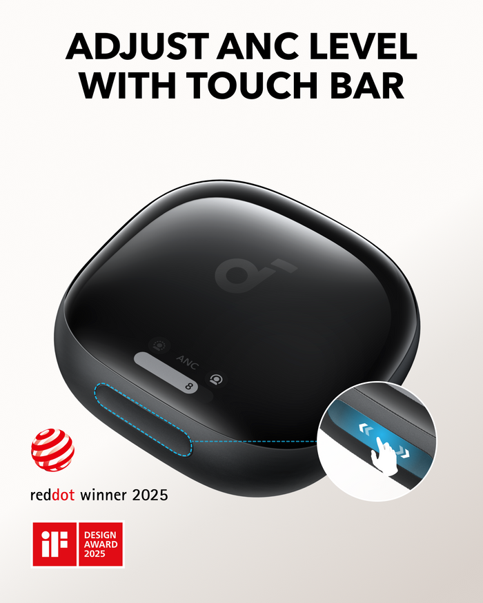 soundcore charging case with adjustable ANC touch bar