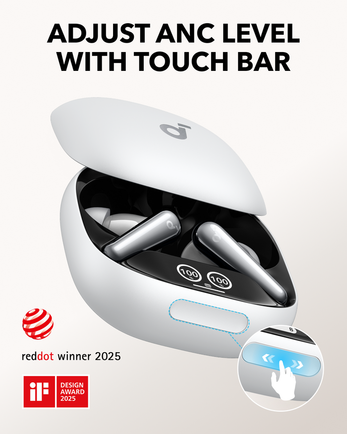 soundcore ANC earbuds with touch bar for adjustable ANC and award icons