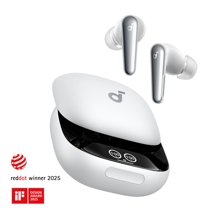 soundcore ANC earbuds with digital display for battery and award icons
