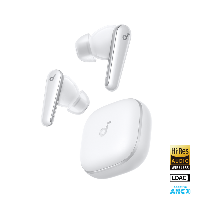 soundcore white wireless earbuds with Hi-Res audio
