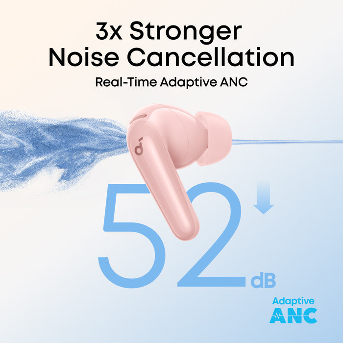 soundcore pink earbuds with adaptive ANC and 52dB reduction