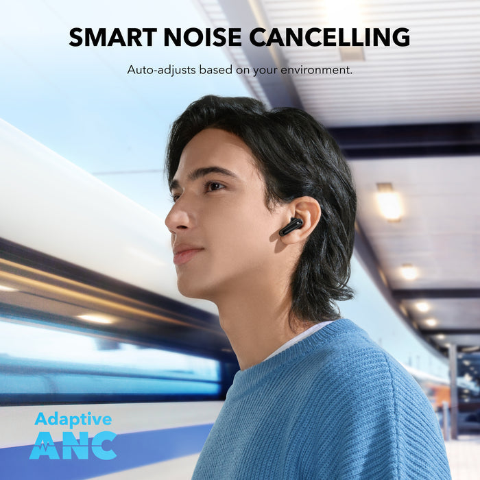 soundcore black earbuds with smart noise cancelling for adaptive ANC