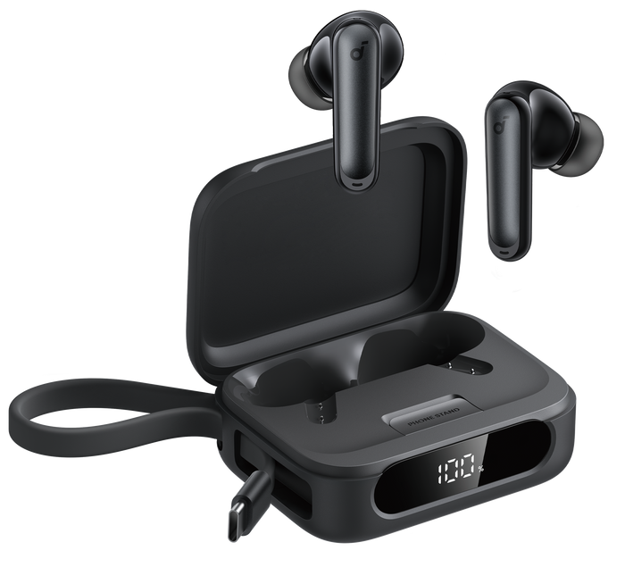 soundcore earbuds with charging case and digital display