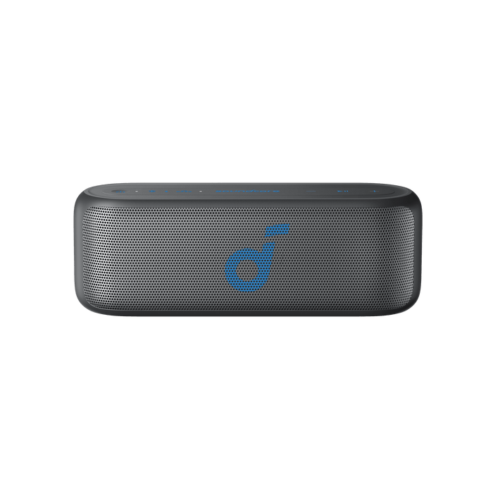 soundcore black speaker with blue logo and sleek design