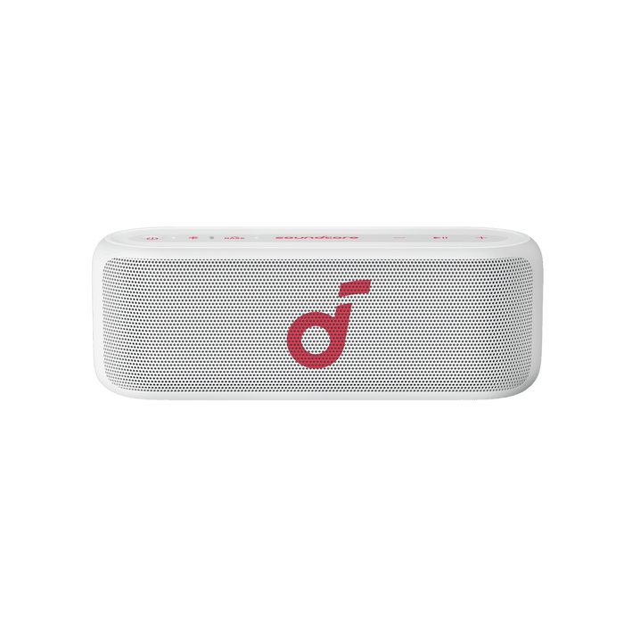 soundcore white speaker with red logo and compact design