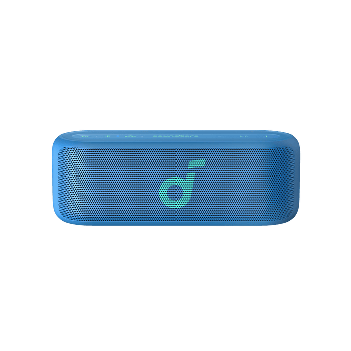 soundcore blue speaker with glowing logo for music