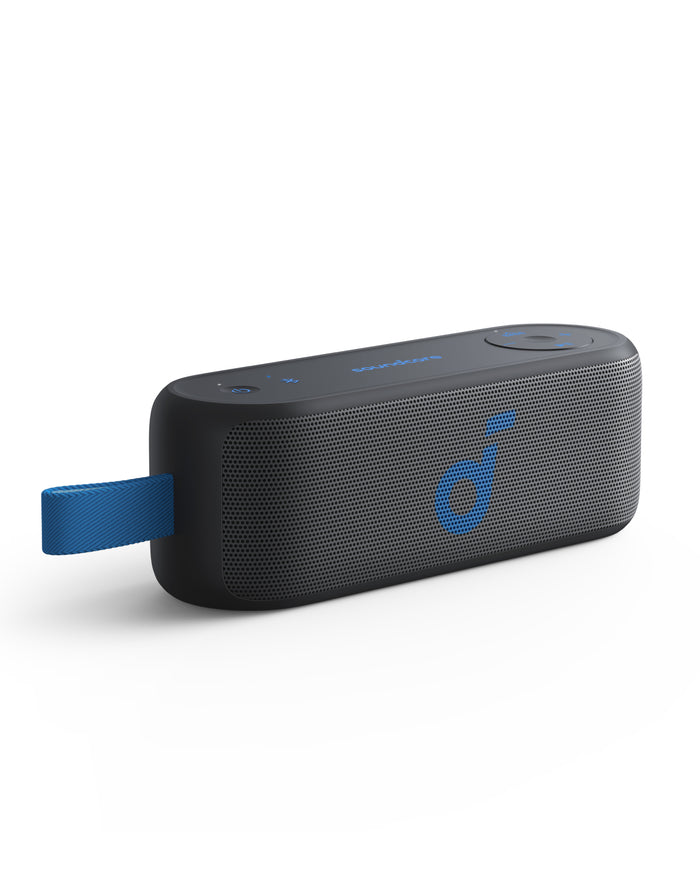 soundcore portable speaker with blue logo and strap