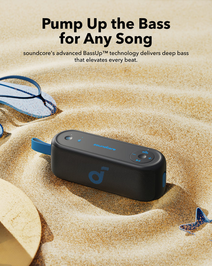 soundcore speaker with BassUp for strong bass on sand