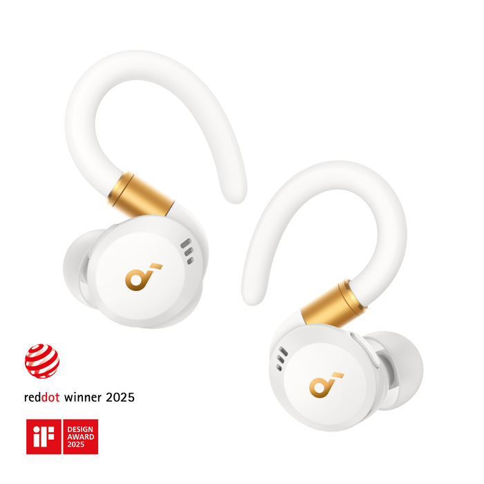 soundcore wireless earbuds with white and gold color