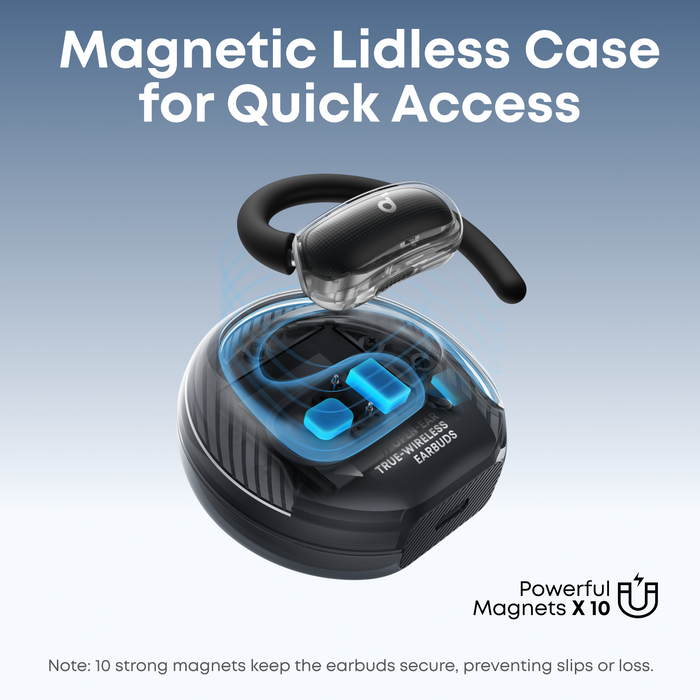 soundcore sports open earbuds with magnetic lidless case for quick access