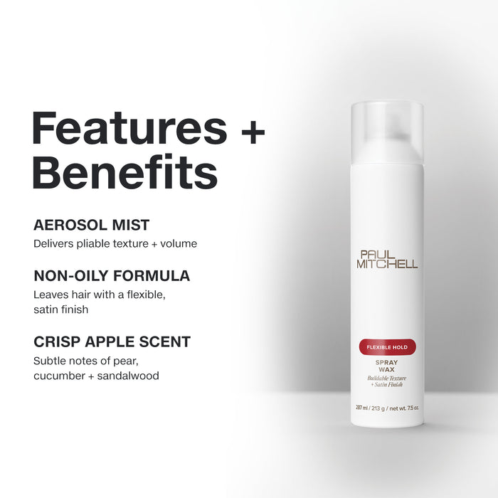 Paul Mitchell Spray Wax: non-oily aerosol mist formula delivers pliable texture and volume with a crisp apple scent.