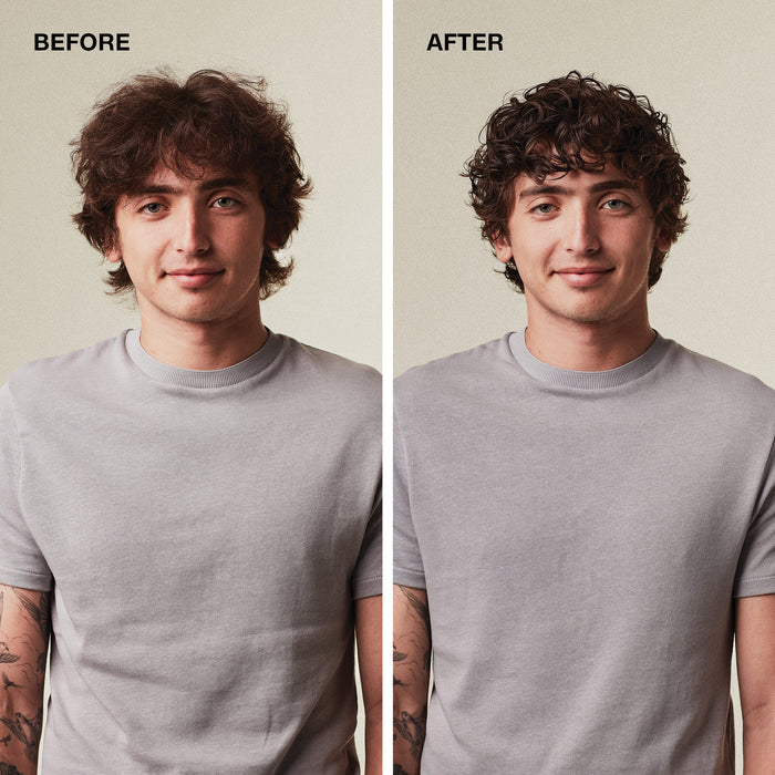 Before and after styling men’s wavy hair with MITCH Steady Grip Styling Gel.