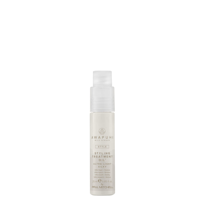 A white bottle with a pump dispenser containing Awapuhi Wild Ginger Styling Treatment Oil.